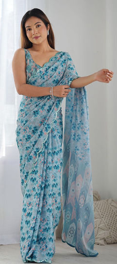 Blue color Saree in Faux Georgette fabric with Mirror, Printed work