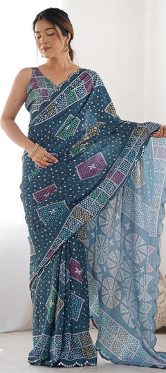 Blue color Saree in Faux Georgette fabric with Mirror, Printed work