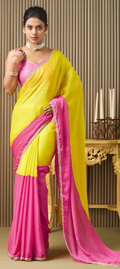 Pink and Majenta color Saree in Chiffon fabric with Lace, Mirror, Printed work