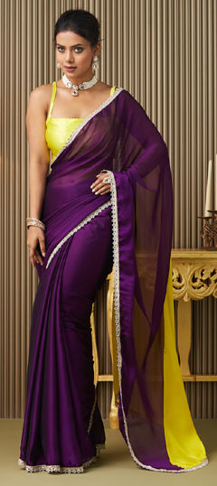 Purple and Violet color Saree in Chiffon fabric with Lace, Mirror, Printed work