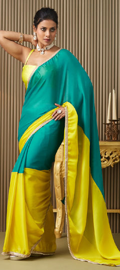 Blue color Saree in Chiffon fabric with Block Print, Moti work
