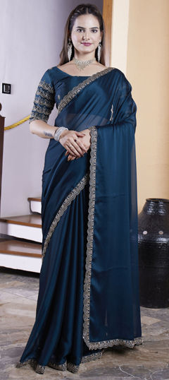 Blue color Saree in Chiffon fabric with Embroidered, Thread work