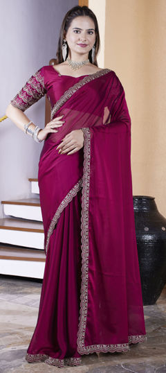Red and Maroon color Saree in Chiffon fabric with Embroidered, Thread work