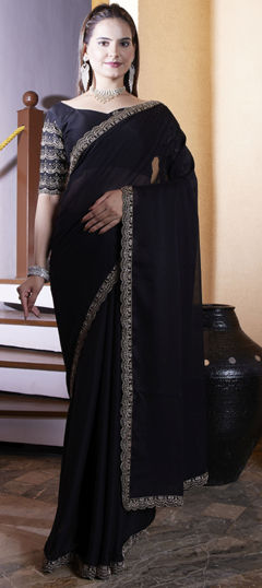 Black and Grey color Saree in Chiffon fabric with Embroidered, Thread work