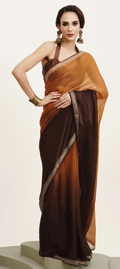 Beige and Brown color Saree in Chiffon fabric with Bugle Beads, Stone work