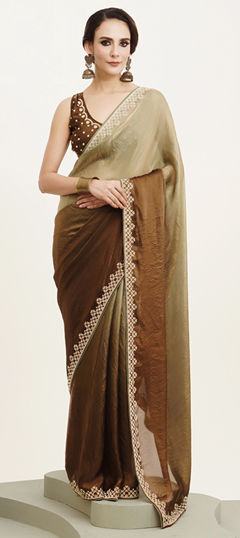 Green color Saree in Satin Silk fabric with Bugle Beads, Stone work