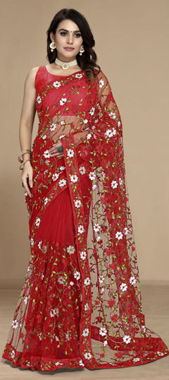 Red and Maroon color Saree in Net fabric with Embroidered, Resham, Thread work