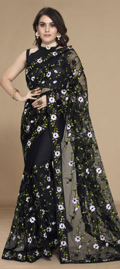 Black and Grey color Saree in Net fabric with Embroidered, Resham, Thread work