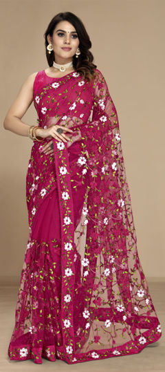 Pink and Majenta color Saree in Net fabric with Embroidered, Resham, Thread work