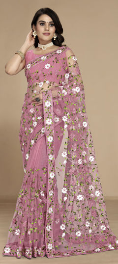 Pink and Majenta color Saree in Net fabric with Embroidered, Resham, Thread work