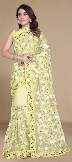 Yellow color Saree in Net fabric with Embroidered, Resham, Thread work