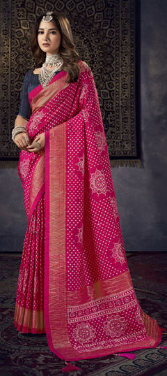 Pink and Majenta color Saree in Art Silk fabric with Bandhej, Mirror, Printed, Zari work