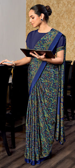 Blue color Saree in Crepe Silk fabric with Printed work
