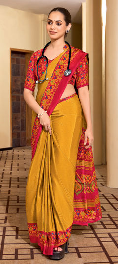 Yellow color Saree in Crepe Silk fabric with Printed work