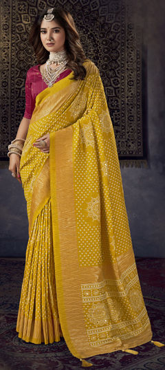 Yellow color Saree in Art Silk fabric with Bandhej, Mirror, Printed, Zari work