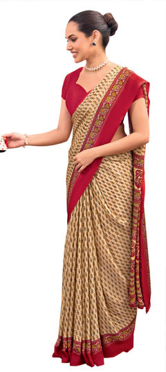Beige and Brown color Saree in Crepe Silk fabric with Printed work