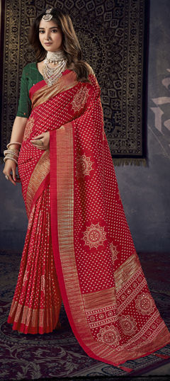 Red and Maroon color Saree in Art Silk fabric with Bandhej, Mirror, Printed, Zari work