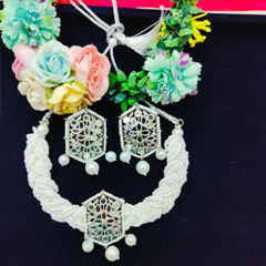 Gold Rodium Polish Multicolor, White and Off White color Necklace in Metal Alloy studded with Pearl