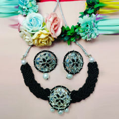 Silver Rodium Polish Black and Grey color Necklace in Metal Alloy studded with Pearl