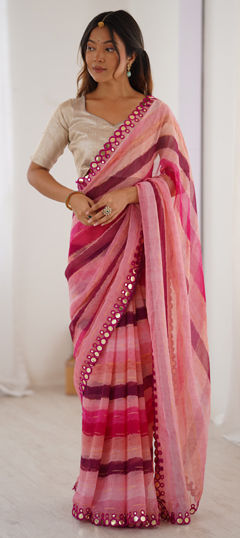 Pink and Majenta color Saree in Chiffon fabric with Lehariya, Mirror, Printed work