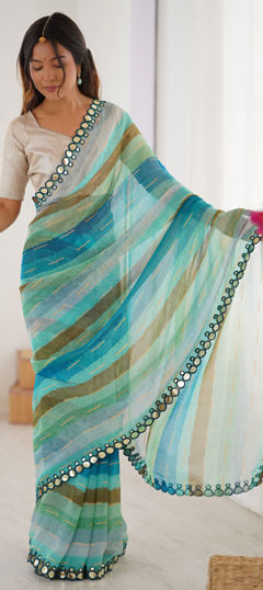 Blue color Saree in Chiffon fabric with Lehariya, Mirror, Printed work
