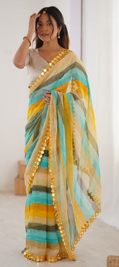 Yellow color Saree in Chiffon fabric with Lehariya, Mirror, Printed work