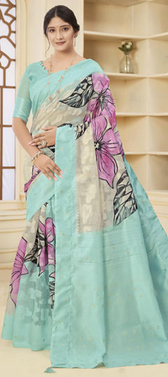 Green color Saree in Brasso fabric with Printed, Weaving work