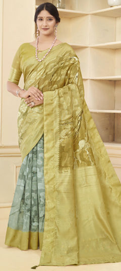 Yellow color Saree in Brasso fabric with Printed, Weaving work