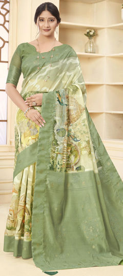 Green color Saree in Brasso fabric with Printed, Weaving work