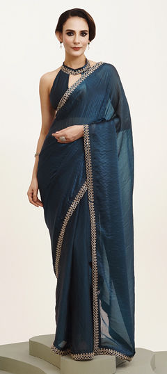 Blue color Saree in Satin Silk fabric with Bugle Beads, Stone work