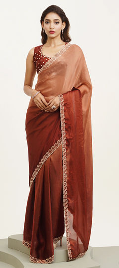 Beige and Brown color Saree in Satin Silk fabric with Bugle Beads, Stone work