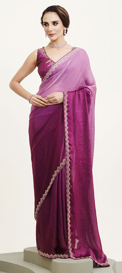 Purple and Violet color Saree in Satin Silk fabric with Bugle Beads, Stone work