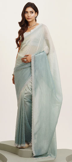 Blue color Saree in Tissue fabric with Bugle Beads, Stone work