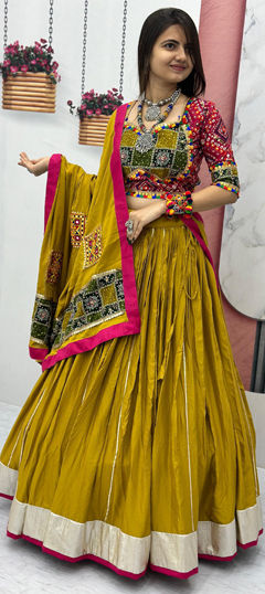 Gold color Ready to Wear Lehenga in Cotton fabric with Embroidered, Gota Patti, Sequence, Thread work