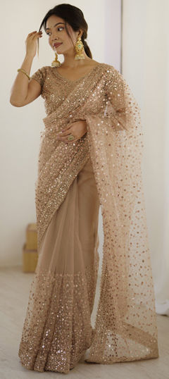 Beige and Brown color Saree in Net fabric with Sequence, Thread work