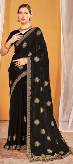 Black and Grey color Saree in Chiffon fabric with Embroidered, Thread, Zari work