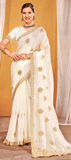 White and Off White color Saree in Chiffon fabric with Embroidered, Thread, Zari work