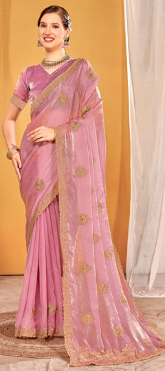 Pink and Majenta color Saree in Chiffon fabric with Embroidered, Thread, Zari work