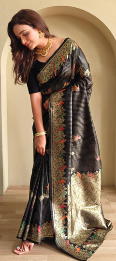 Black and Grey color Saree in Banarasi Silk fabric with Weaving, Zari work