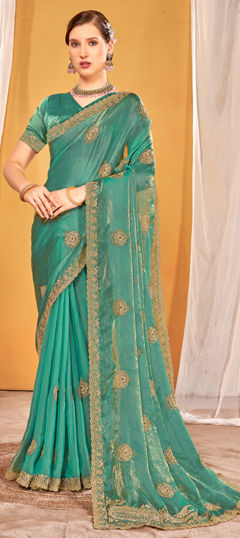 Blue color Saree in Chiffon fabric with Embroidered, Thread, Zari work