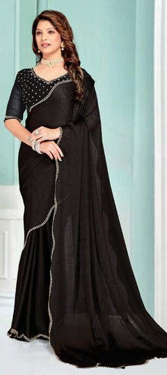 Black and Grey color Saree in Chiffon fabric with Zircon work