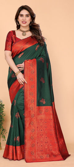 Green, Red and Maroon color Saree in Banarasi Silk fabric with Weaving work