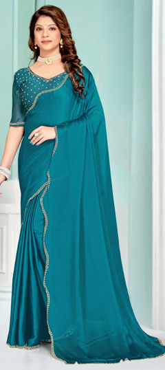 Blue color Saree in Chiffon fabric with Zircon work