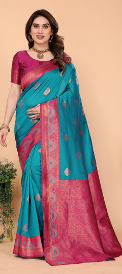 Blue, Pink and Majenta color Saree in Banarasi Silk fabric with Weaving work