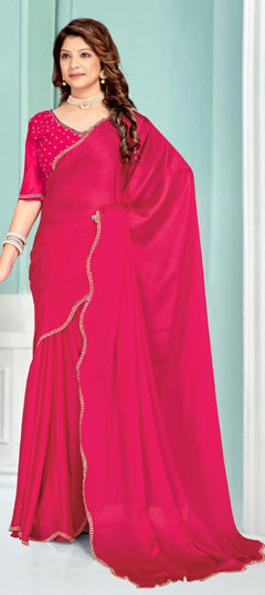 Pink and Majenta color Saree in Chiffon fabric with Zircon work