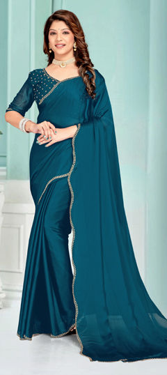 Blue color Saree in Chiffon fabric with Zircon work