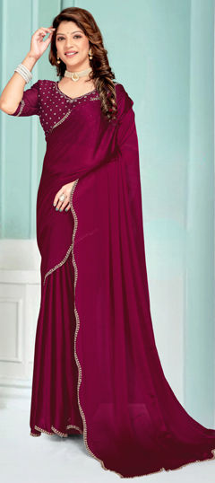 Pink and Majenta color Saree in Chiffon fabric with Zircon work