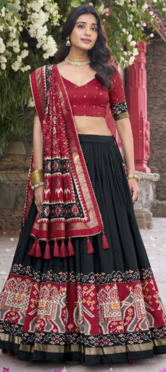 Black and Grey color Lehenga in Tussar Silk fabric with Foil Print, Printed work