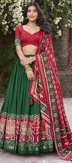 Green color Lehenga in Tussar Silk fabric with Foil Print, Printed work