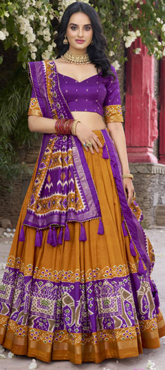 Yellow color Lehenga in Tussar Silk fabric with Floral, Printed work